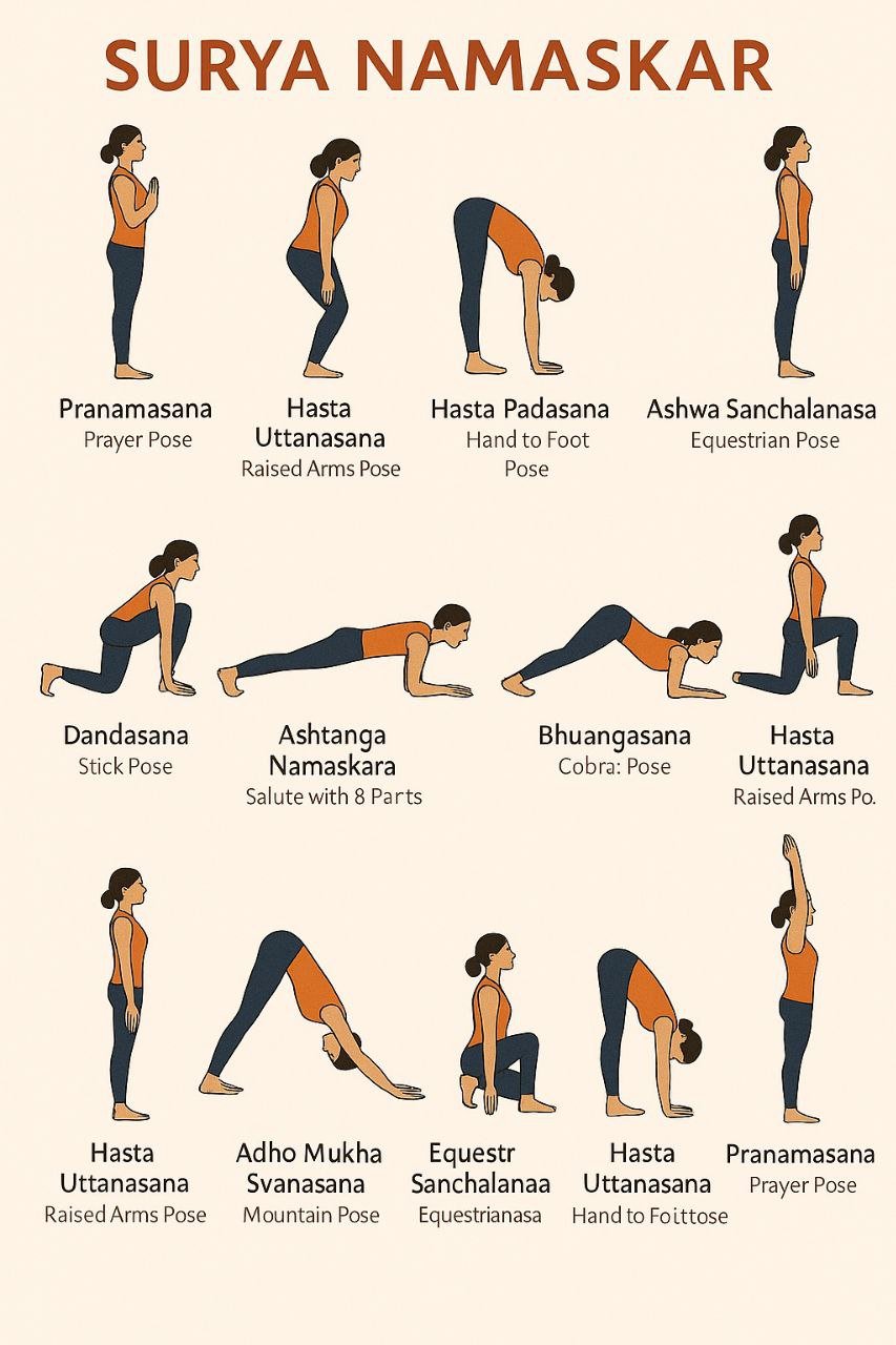 Surya Namaskar 12 Steps with Pose Names – Yoga Sequence for Beginners