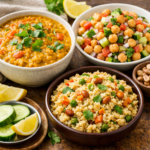 Three colorful, healthy Indian dishes.